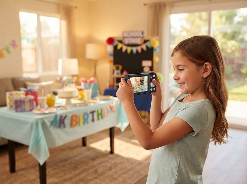 Compact dual-lens camera raised toward a lit school stage